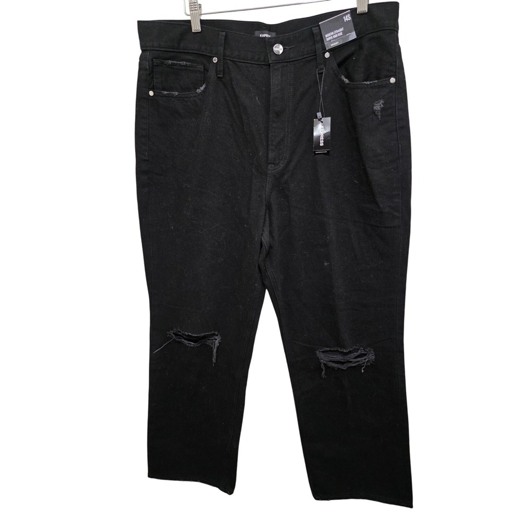 Express Womens Modern Straight Super High Rise Distressed Black Jeans Size 14S C